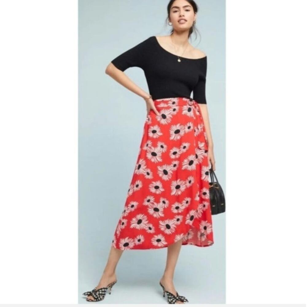 Anthropologie Colloquial Red Floral Wrap Skirt Size: S